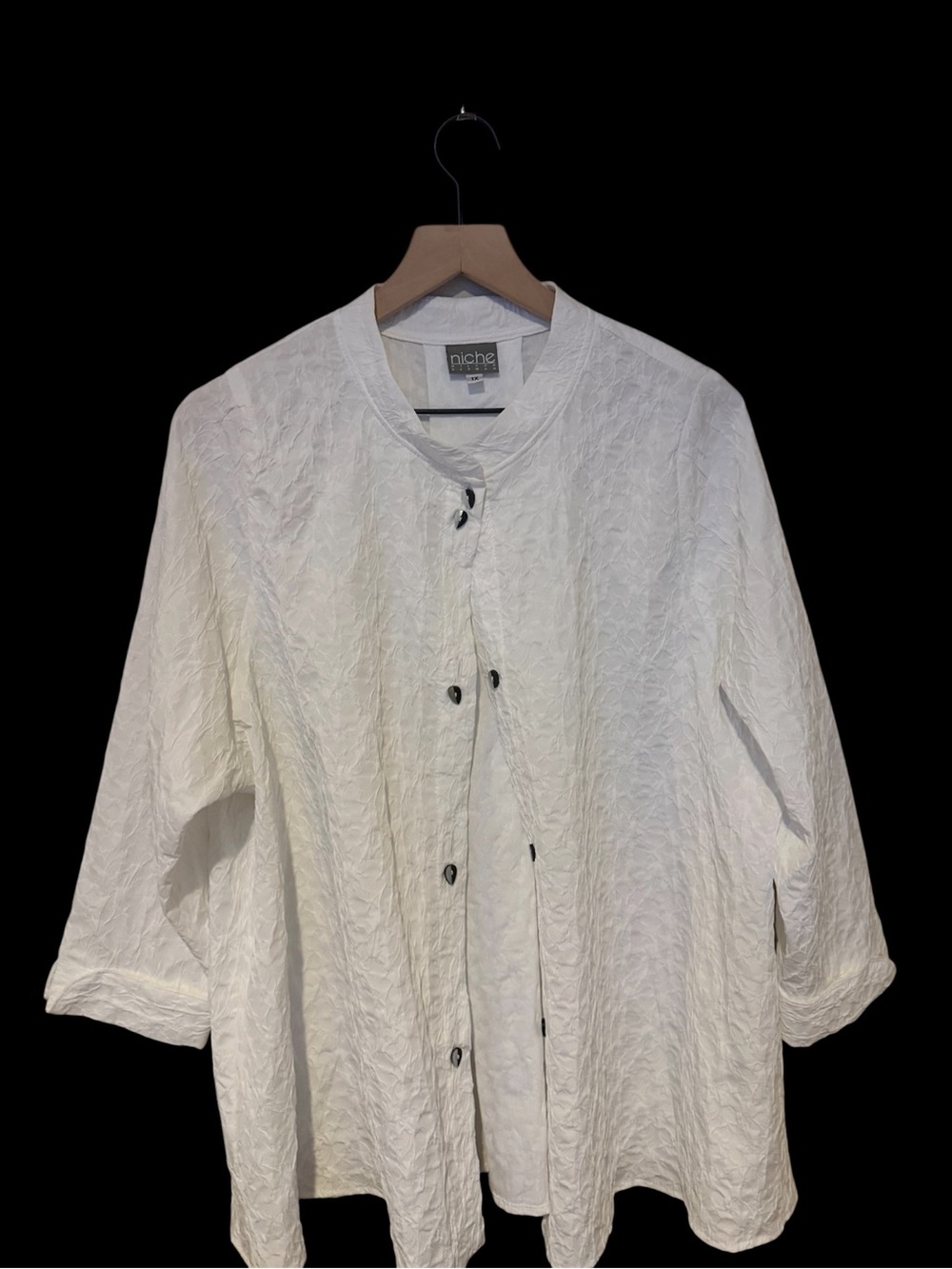 Niche White Button Front Textured Jacket Blouse 1X Mandarin Collar